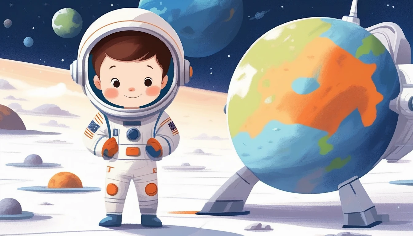 children's picture books,crayon paintings,white background,simple background,
A little boy in spacecraft, facing the camera, only earth planet in background, slowly approaching, with high definition and quality,