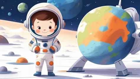 children's picture books,crayon paintings,white background,simple background,
A little boy in spacecraft, facing the camera, onl...