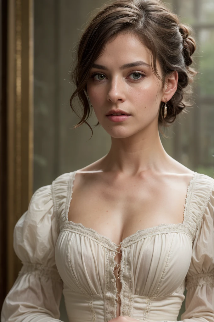 ((best quality, exceptional quality)), ((better skin texture, premium material)), (upper body portrait), victorian era woman, the moment when i saw her bright green eyes and fell in love, short brown hair, puffy sleeves, breast sharing