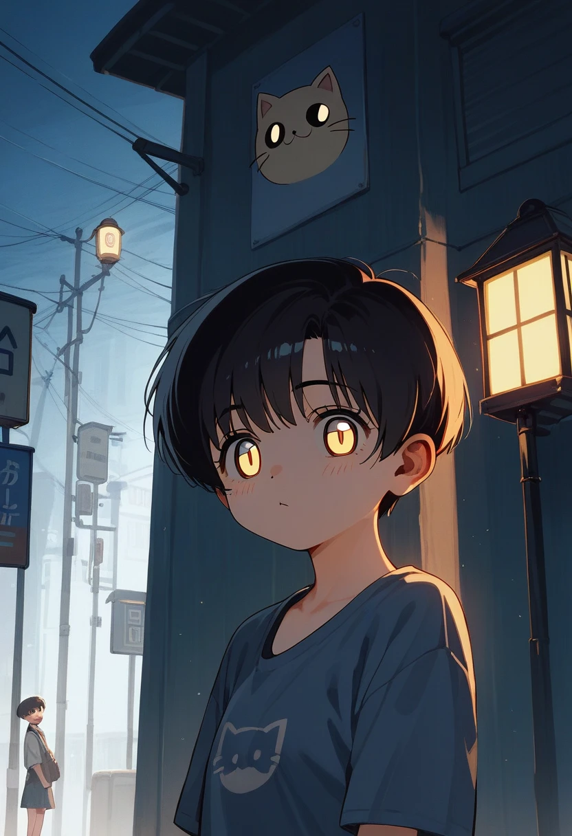 score_9, score_8_up, score_7_up, score_6_up, score_5_up, score_4_up, source_anime, 2.5D, slightly creepy cute girl, pixie cut, yellow cat-like eyes, peeking out from under streetlight on utility pole in dimly lit residential area, retro atmosphere like that of Osamu Tezuka's work, sci-fi horror cute fantasy