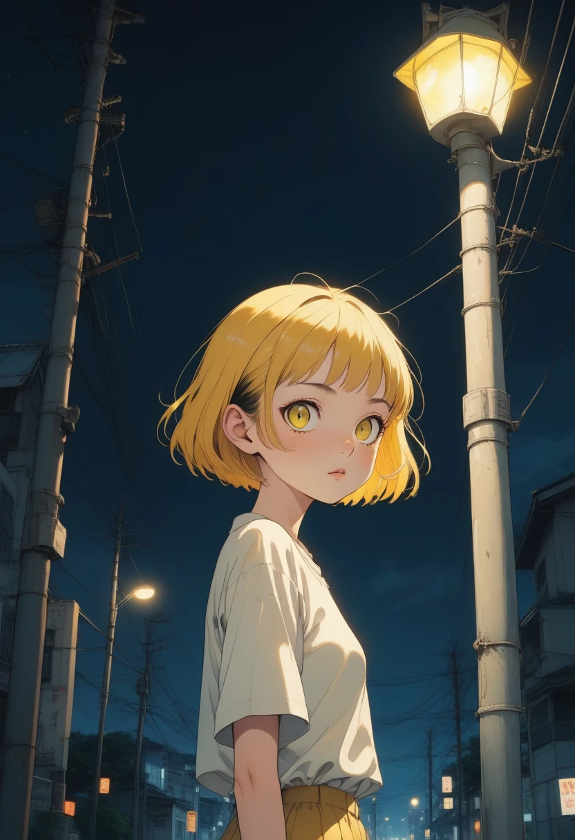 score_9, score_8_up, score_7_up, score_6_up, score_5_up, score_4_up, source_anime, 2.5D, slightly creepy cute girl, pixie cut, yellow cat-like eyes, peeking out from under streetlight on utility pole in dimly lit residential area, retro atmosphere like that of Osamu Tezuka's work, sci-fi horror cute fantasy