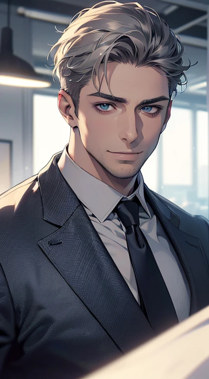 (best quality,4k,8k,highres,masterpiece:1.2),ultra-detailed,(realistic,photorealistic,photo-realistic:1.37),1 man,3,mature man,very handsome,without expression,smile,short grey hair,blue eyes,penetrating gaze,perfect face without errors,imposing posture,businessman,office background,cinematic lighting,hdr image