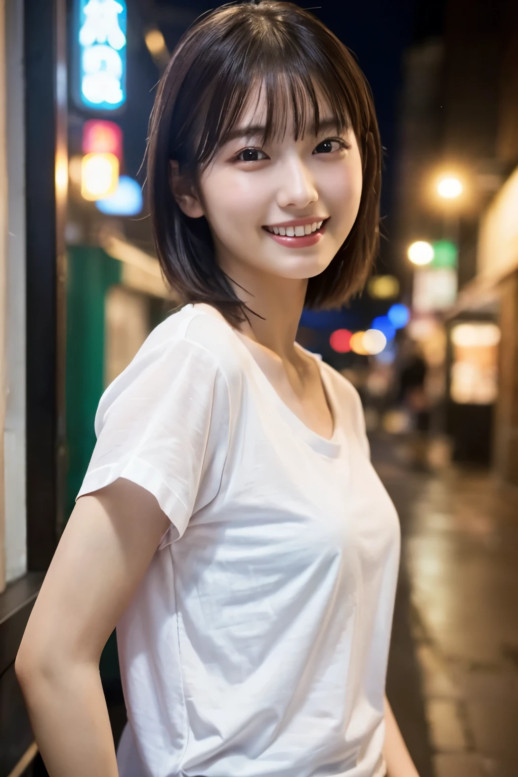 1 Girl, (Wearing a white T-shirt:1.2), Very beautiful Japanese idol portraits, 
(RAW Photos, Highest quality), (Realistic, Realistic:1.4), (masterpiece), 
Very delicate and beautiful, Very detailed, 2k wallpaper, wonderful, finely, Very detailed CG Unity 8K wallpaper, Very detailed, High resolution, Soft Light, 
Beautiful detailed girl, Very detailed目と顔, Beautiful and sophisticated nose, Beautiful and beautiful eyes, Cinema Lighting, 
(Fashion magazine photography:1.3), (Outdoor), (Downtown lights), 
(short hair), 
Complete Anatomy, Slender body, Small breasts, smile