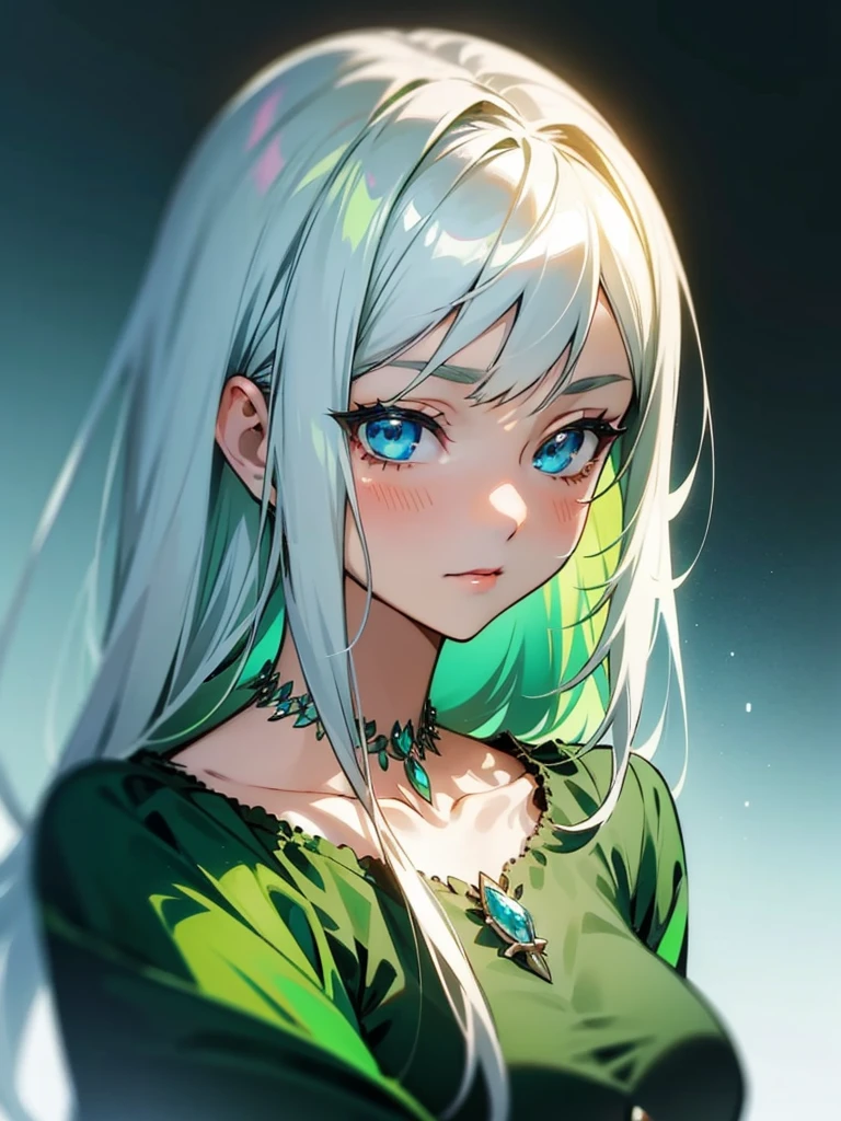 a woman in a green dress and a necklace, silver hair girl, long hair, anime style portrait, in anime style, semi-realistic anime style, anime style character, girl silver hair, not anime style,  with white hair, anime character portrait, silver hair (hypdertailed), anime portrait, perfect white haired girl, anime portrait, blue eyes, 20 years girl