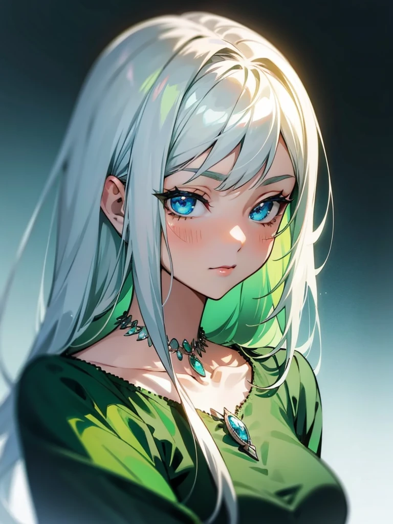 a woman in a green dress and a necklace, silver hair girl, long hair, anime style portrait, in anime style, semi-realistic anime style, anime style character, girl silver hair, not anime style,  with white hair, anime character portrait, silver hair (hypdertailed), anime portrait, perfect white haired girl, anime portrait, blue eyes, 20 years girl