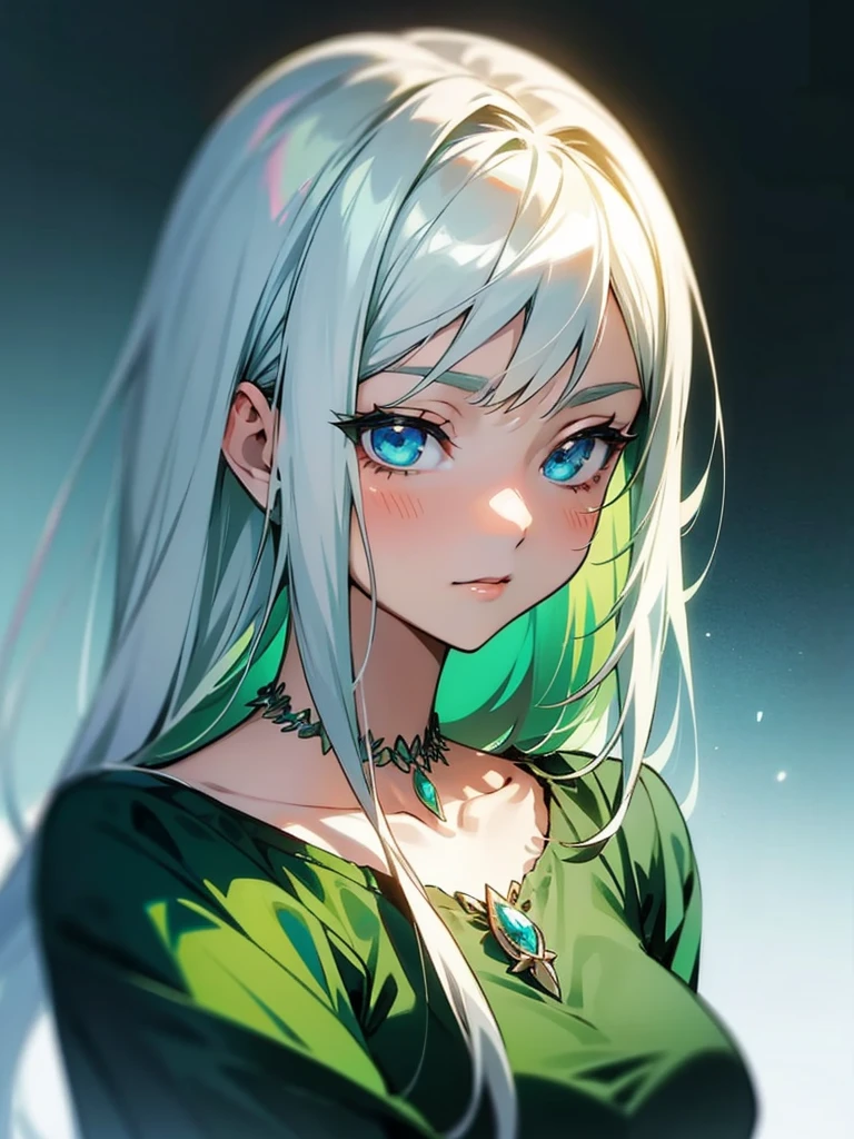 a woman in a green dress and a necklace, silver hair girl, long hair, anime style portrait, in anime style, semi-realistic anime style, anime style character, girl silver hair, not anime style,  with white hair, anime character portrait, silver hair (hypdertailed), anime portrait, perfect white haired girl, anime portrait, blue eyes, 20 years girl