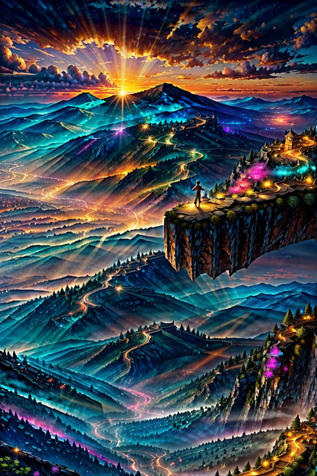 A stunning fantasy landscape with a person standing on a cliff overlooking a colorful, vibrant sunset over a mountainous town below. Detailed, cinematic, dramatic lighting, glowing sky, fantasy elements, photorealistic, 8K resolution.