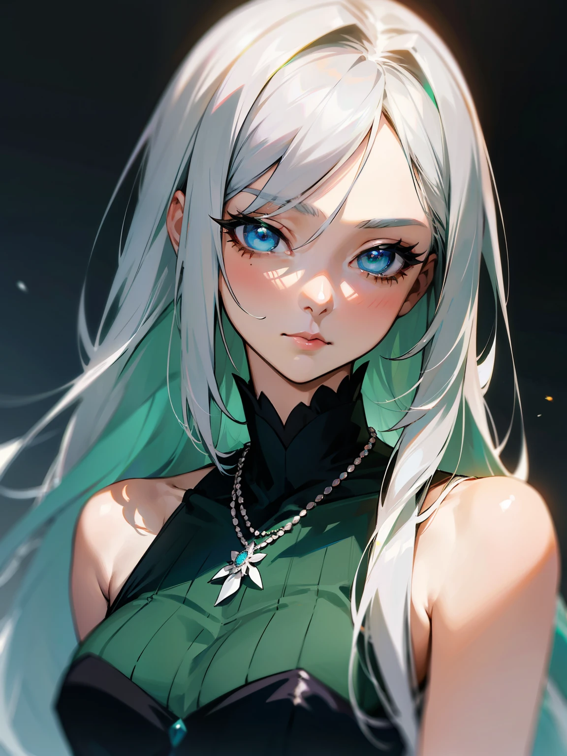 a woman in a green dress and a necklace, silver hair girl, long hair, anime style portrait, in anime style, semi-realistic anime style, anime style character, girl silver hair, not anime style, with white hair, anime character portrait, silver hair (hypdertailed), anime portrait, perfect white haired girl, anime portrait, blue eyes, 20 years girl