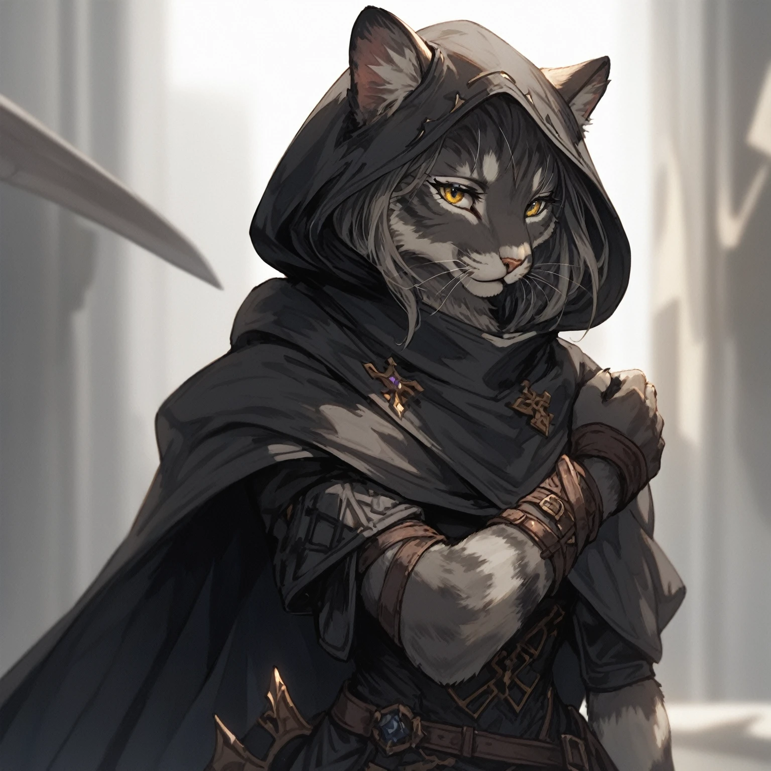 Meisterwerk, sehr detailliert, beste Qualität, 1 Frau, Erwachsene, weiblicher Fokus, Allein, Fantasieästhetik, sehr detailliert, shadowverse style, pelzige Katze