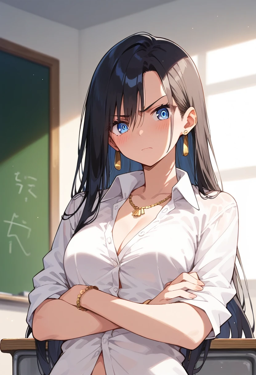 ((masterpiece)), ((best quality)), ((ultra-detailed)), ((illustration)), (detailed light and shadow), (dramatic angle), (1girl:1.2), (solo), (beautiful girl:1.3), (long black hair), (blue eyes), (blushing), (angry expression), (white shirt:1.2), (open buttons), (gold earrings), (gold necklace), (gold bracelet), (classroom background), (arms crossed), (anime style), (embarrassed atmosphere), ((perfect anatomy)), (detailed face), (detailed eyes), (detailed hair),
