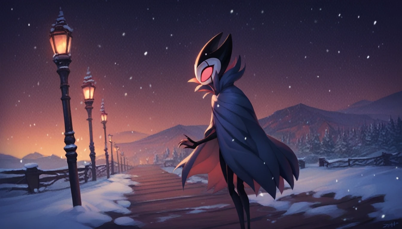 score_9, score_8_up, score_7_up, score_6_up, zPDXL2, grimm \(hollow knight\), vampire, bat, 1boy, solo, cute face, detailed eyes, anthro, clothed, landscape, highlight thighs, It's snowing outside, it's night, a lamp is on nearby, outdoor, winter coat, smiling, in a train station, profile picture