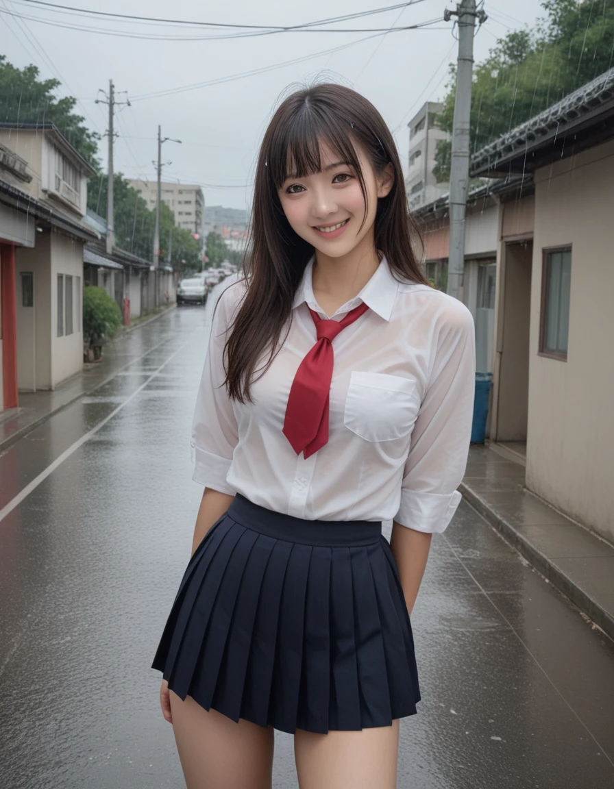 score_9,score_8_up,score_7_up,8K, breasts, A beautiful Japanese woman, 18yo, High school girl in the rain, （Her uniform is transparent and her underwear is visible：1.2）、（skirt:1.3）、Photorealistic and realistic Shibuya city background, smile,Mr.々A pose