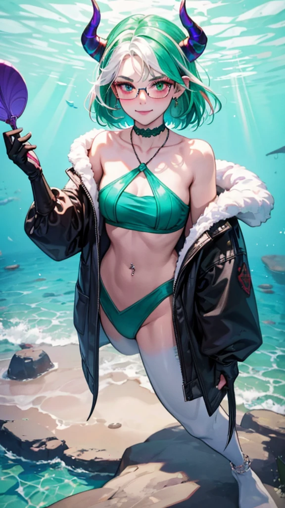 8k, masterpiece, best quality, highly detailed, 1 girl, tiefling, warlock, multicolored hair, very short straight hair green highlight hair on white hair, strippled hair, wearing glasses, round glasses, earrings, red eyeshadow, long eyelashes,navel piercing, blushed cheek, necklace, collarbone, mole, glamorous, purple and teal clothing, villainy, smirk, seductive face, fullbody view, rings, looking at viewer, swimming, demon horns, solo, hand touching cheek, underwater, black lace gloves.