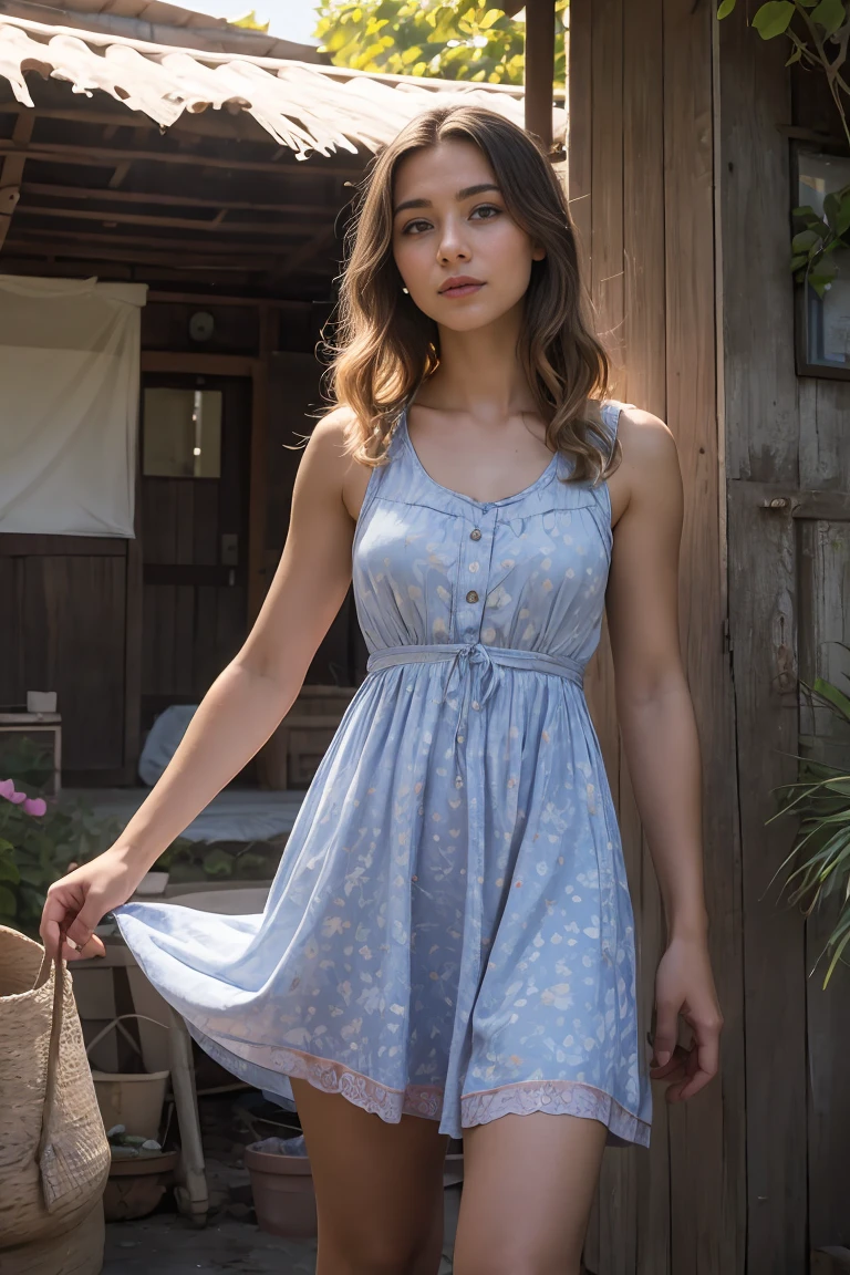 Beautiful young woman with light streaming neatly through her hair., Her summer dress was beautiful and she was standing in front of the hut.