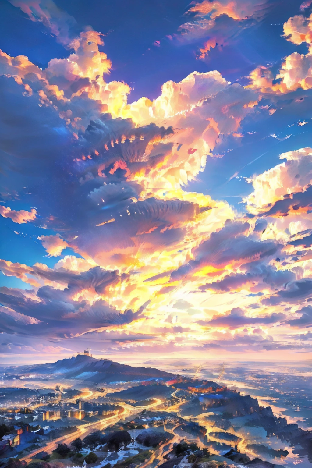 A stunning fantasy landscape with a person standing on a cliff overlooking a colorful, vibrant sunset over a mountainous town below. Detailed, cinematic, dramatic lighting, glowing sky, fantasy elements, photorealistic, 8K resolution.