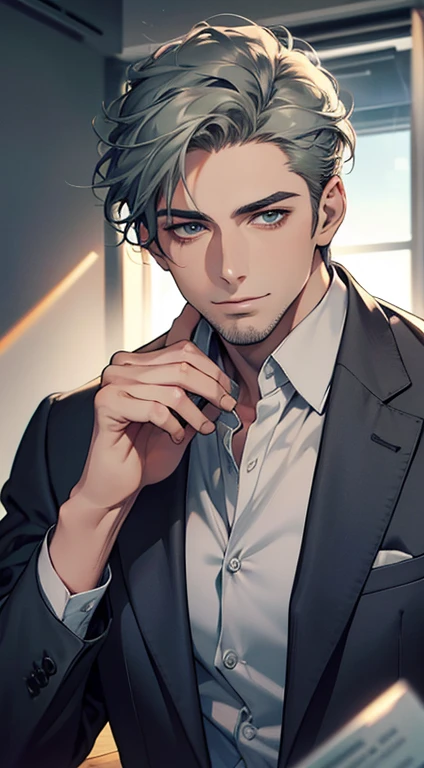 (best quality,4k,8k,highres,masterpiece:1.2),ultra-detailed,(realistic,photorealistic,photo-realistic:1.37),1 man,3,mature man,very handsome,without expression,smile,short grey green hair,blue eyes,penetrating gaze,perfect face without errors,imposing posture,businessman,office background,cinematic lighting,hdr image