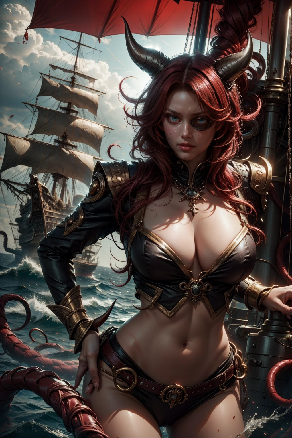 امرأة مينوتور رقعة عين شعر أحمر, ملابس حمراء, مع قرون, حسي مثير على متن سفينة القراصنة في البحر, الجسم بالكامل
