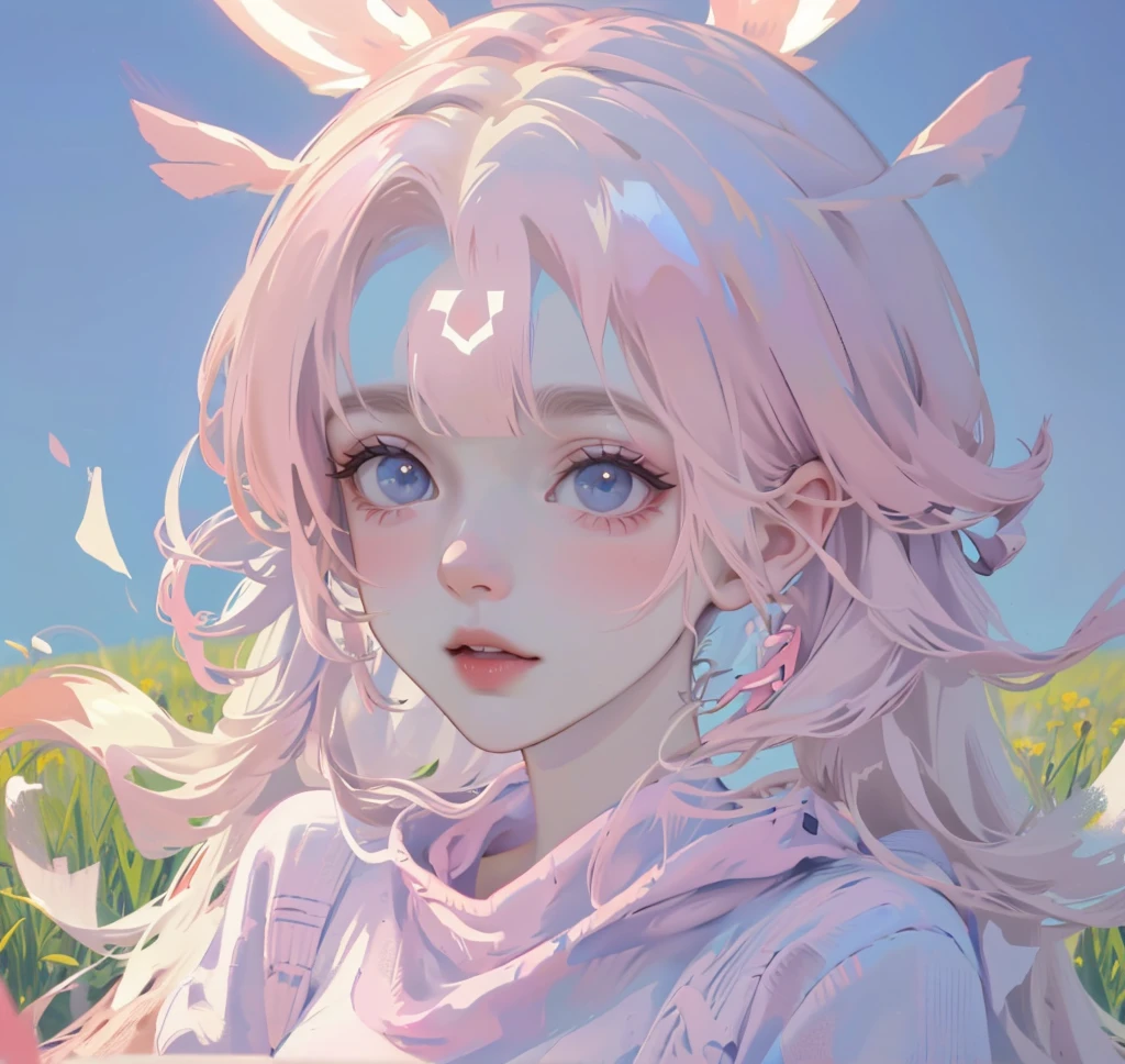 (high quality) (best quality) (a woman) (correct physiognomy) Woman, pink hair with bangs on her forehead, Bunny ears on her head, blue eyes, tender lips, middle age, pink sweatshirt with cute design and glitter, lighting of the photo: sunlight, It is in the middle of a field of flowers