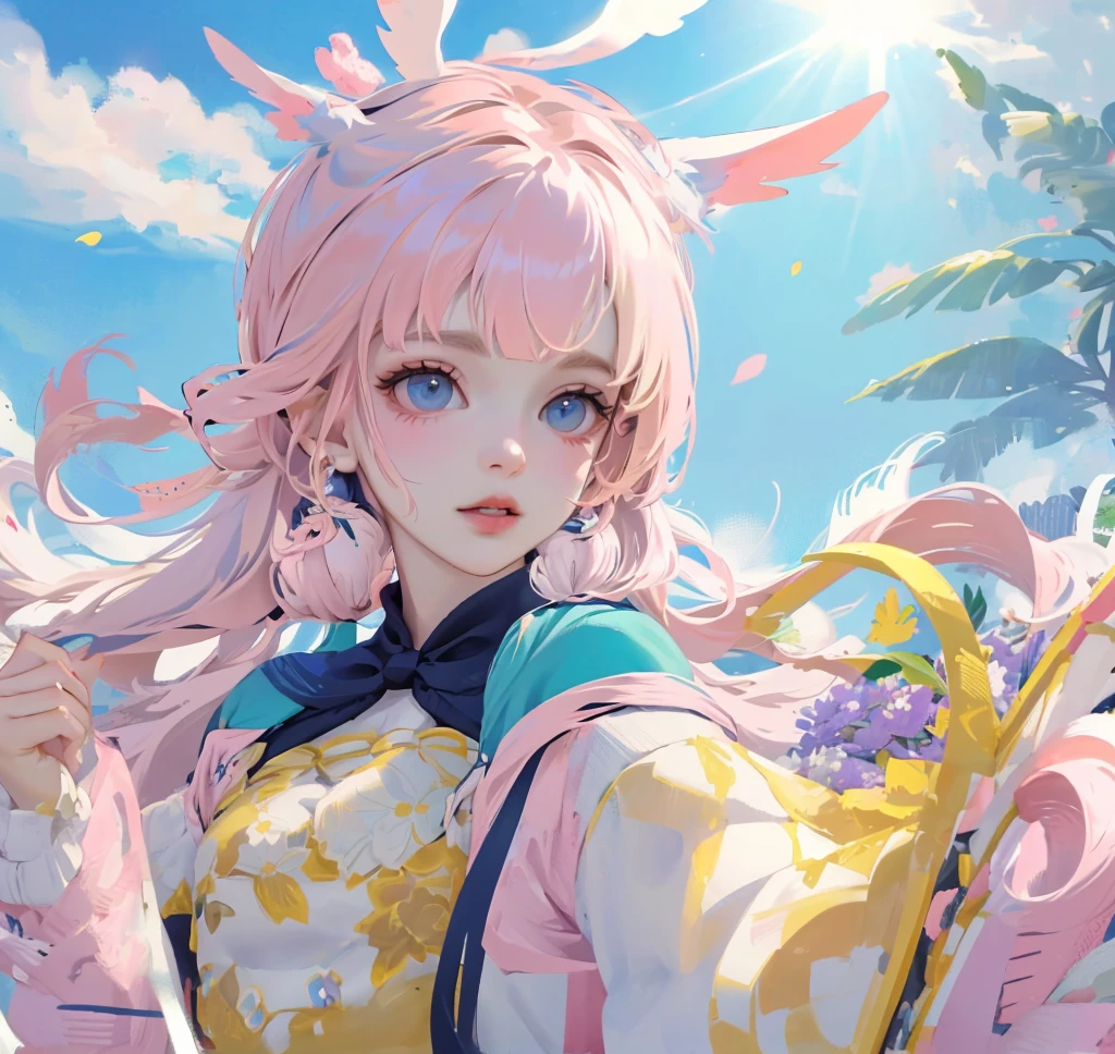 (high quality) (best quality) (a woman) (correct physiognomy) Woman, pink hair with bangs on her forehead, Bunny ears on her head, blue eyes, tender lips, middle age, pink sweatshirt with cute design and glitter, lighting of the photo: sunlight, It is in the middle of a field of flowers