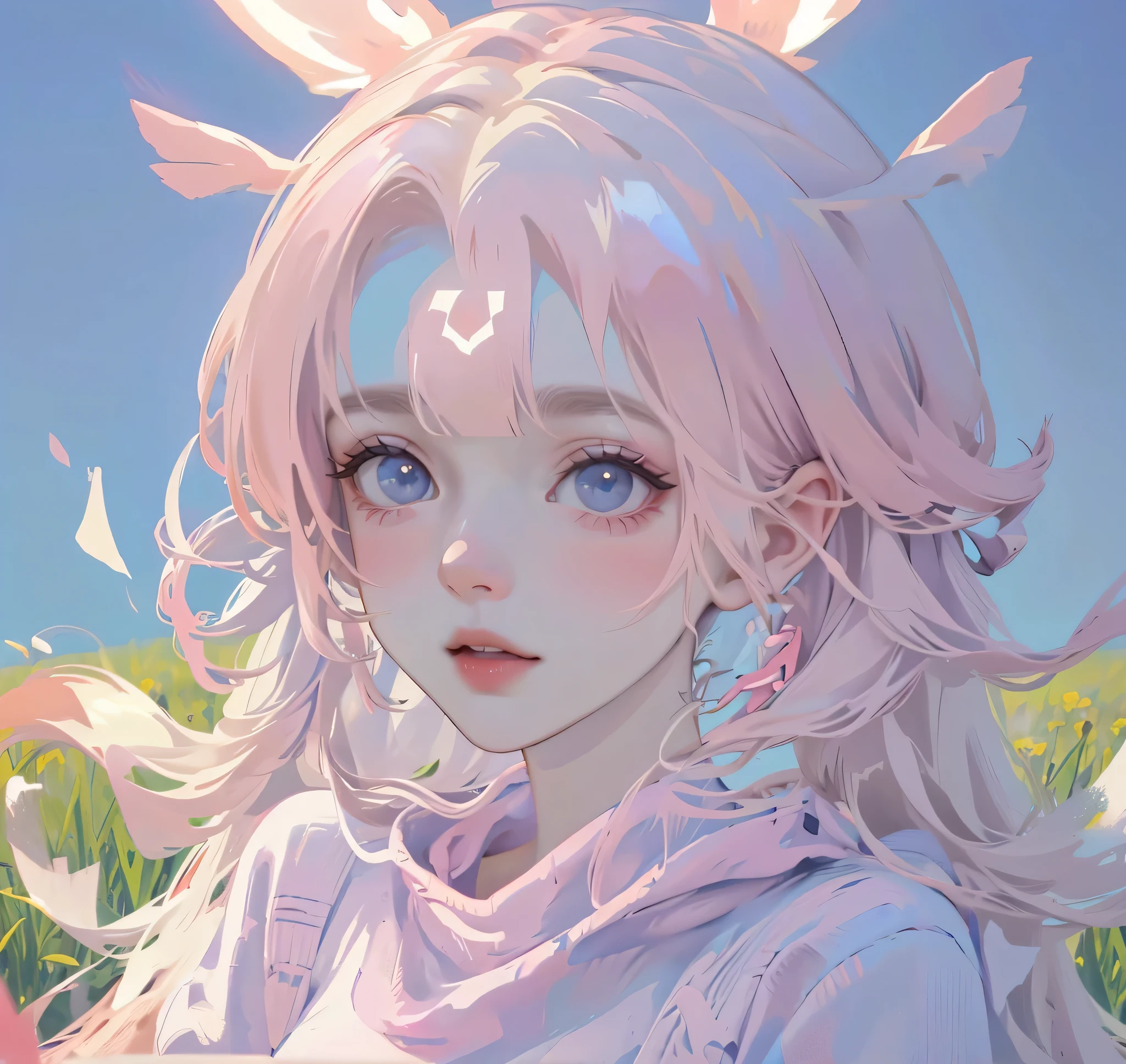 (high quality) (best quality) (a woman) (correct physiognomy) Woman, pink hair with bangs on her forehead, Bunny ears on her head, blue eyes, tender lips, middle age, pink sweatshirt with cute design and glitter, lighting of the photo: sunlight, It is in the middle of a field of flowers