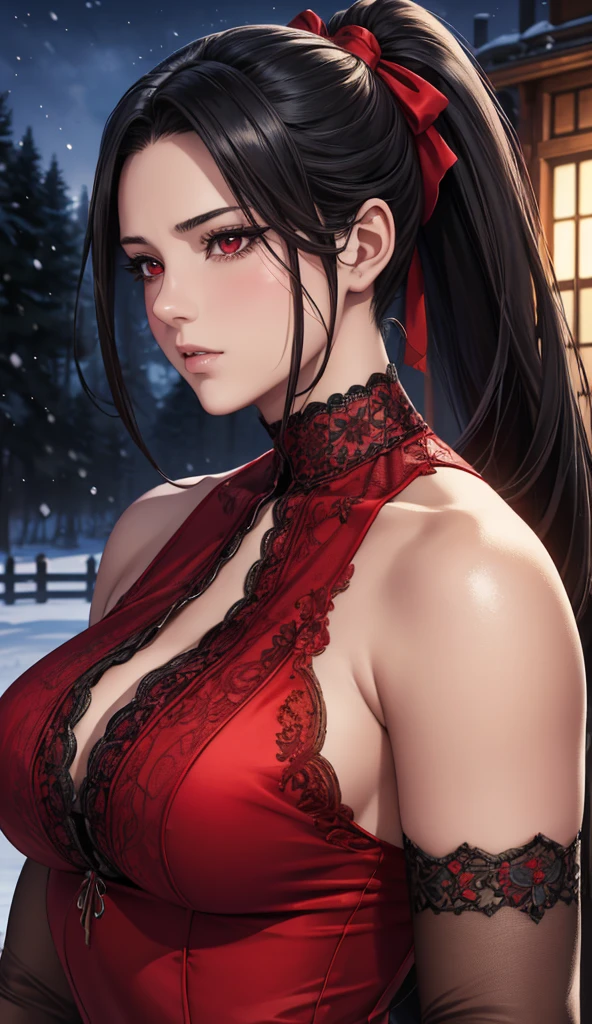 Red Eyes, (best quality, masterpiece painting:1.3), immature woman, 16 years old, (Half-length photo), masterpiece, Ultra-high resolution, (Photorealism:1.0), Black Hair, Ponytail, Straight Hair, Beautiful shiny hair, White and shiny skin, ((Ultra-realistic details)), Octane Rendering, Highly detailed face, (Large Breasts:0.8), 她穿着蛛网一样的clothing, Flowing red silk dress，Decorated with lace and ribbons, (clothing: Red lace silk dress with lace and ribbon),cleveage, Perfect body, soft skin, Anime Face, Perfect face, Perfect eyes, Looking at the audience, clever, Snow Scene, ((Snowflakes falling)), ((A wonderful night)), ((outdoor)), Clear focus, Intricate details, Professional artwork, (Vibrant colors:1.1), Vibrant colors, diffused Lighting, Digital Mixing, Ultra-clear body, Ultra-fine hair, Super detailed face, That&#39;it&#39;Popular on Pixiv, Top button open, 可爱的目Light, compensate, Perfect lips, perfect compensate, Ultra-precision coating,  (Light_Smile:0.8), (so awkward:1.2), blush your nose,