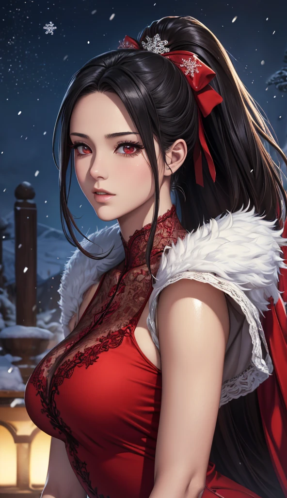 Red Eyes, (best quality, masterpiece painting:1.3), immature woman, 16 years old, (Half-length photo), masterpiece, Ultra-high resolution, (Photorealism:1.0), Black Hair, Ponytail, Straight Hair, Beautiful shiny hair, White and shiny skin, ((Ultra-realistic details)), Octane Rendering, Highly detailed face, (Large Breasts:0.8), 她穿着蛛网一样的clothing, Flowing red silk dress，Decorated with lace and ribbons, (clothing: Red lace silk dress with lace and ribbon),cleveage, Perfect body, soft skin, Anime Face, Perfect face, Perfect eyes, Looking at the audience, clever, Snow Scene, ((Snowflakes falling)), ((A wonderful night)), ((outdoor)), Clear focus, Intricate details, Professional artwork, (Vibrant colors:1.1), Vibrant colors, diffused Lighting, Digital Mixing, Ultra-clear body, Ultra-fine hair, Super detailed face, That&#39;it&#39;Popular on Pixiv, Top button open, 可爱的目Light, compensate, Perfect lips, perfect compensate, Ultra-precision coating,  (Light_Smile:0.8), (so awkward:1.2), blush your nose,