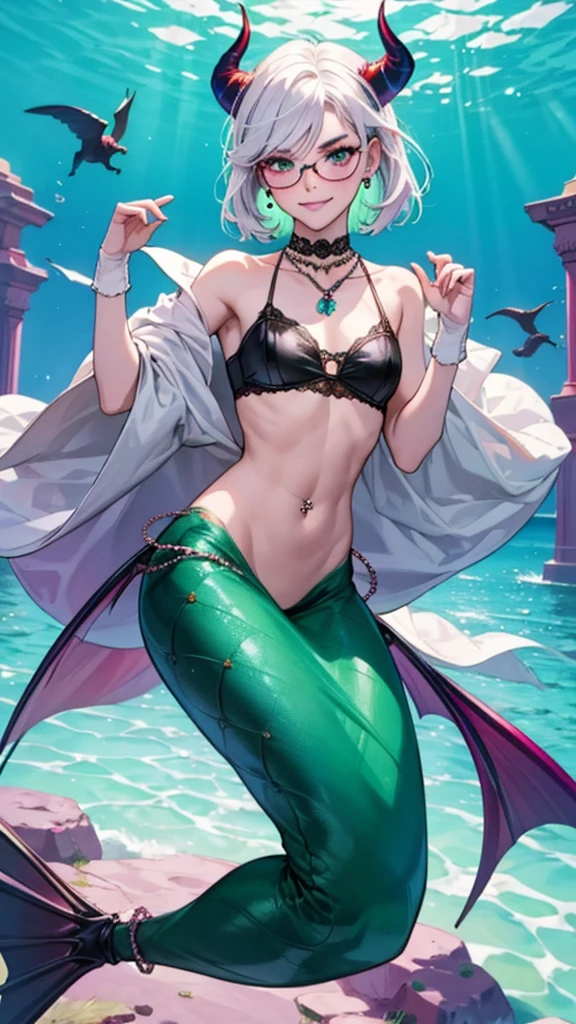 8k, masterpiece, best quality, highly detailed, 1 girl, tiefling, warlock, multicolored hair, very short straight hair green highlight hair on white hair, strippled hair, wearing glasses, round glasses, earrings, red eyeshadow, long eyelashes,navel piercing, blushed cheek, necklace, collarbone, mole, glamorous, purple and teal clothing, villainy, smirk, seductive face, fullbody view, rings, looking at viewer, swimming, demon horns, solo, hand touching cheek, underwater, black lace gloves.