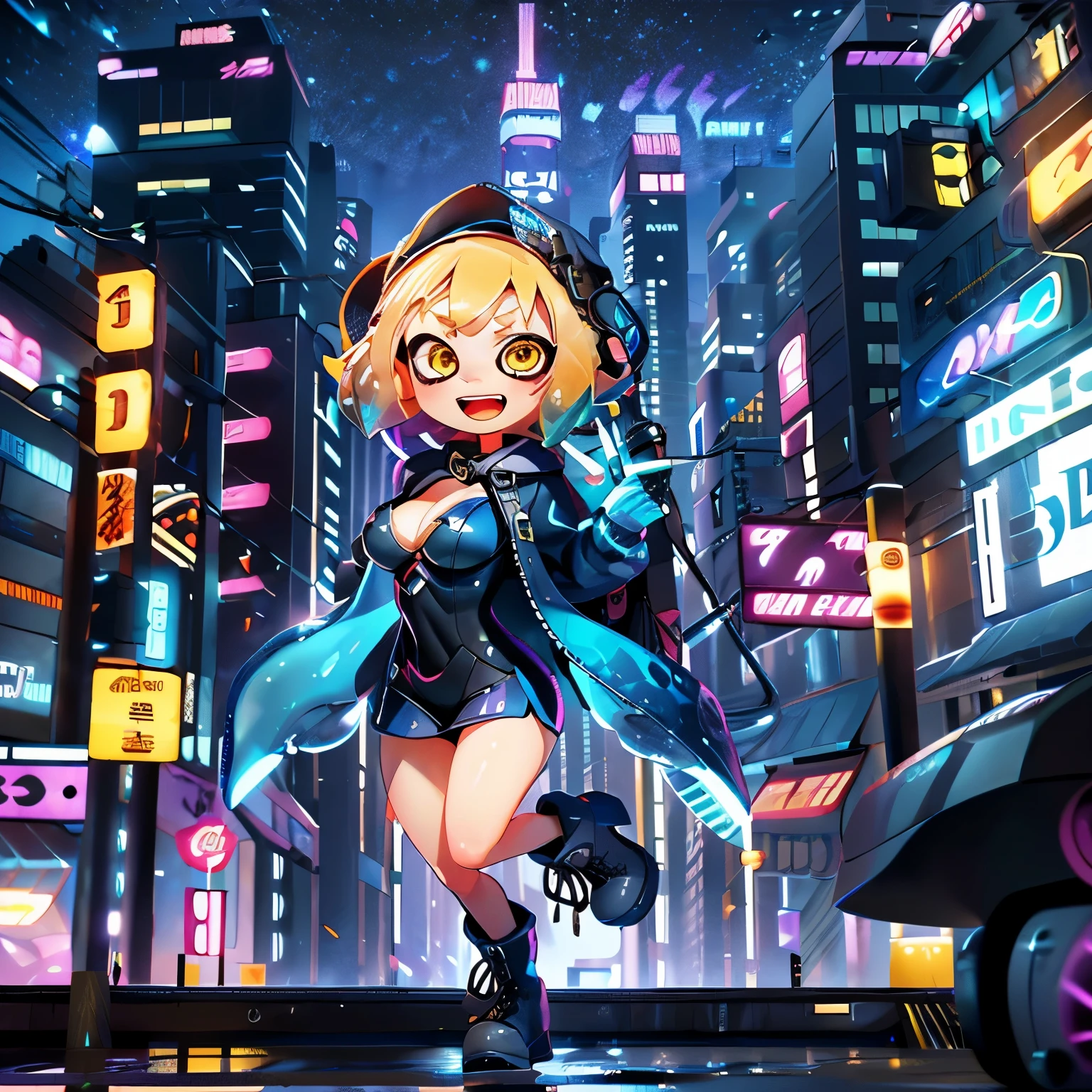 (masterpiece:1.2), Highest quality,Realistic, High resolution、
Cyber World,One Splatoon girl, Letterbox, alone, Golden Eyes、Open Mouth Smile、blush、A slightly thinner face、Golden tentacle hair, Big Breasts、Cleavage、scenery, short hair, Jacket, sf, Holding, Holographic interface, city, blue Jacket, gloves, city lights, look up, cityscape, boots, building, night, From above、Dynamic Pose、jump off、Real Anime、3d、