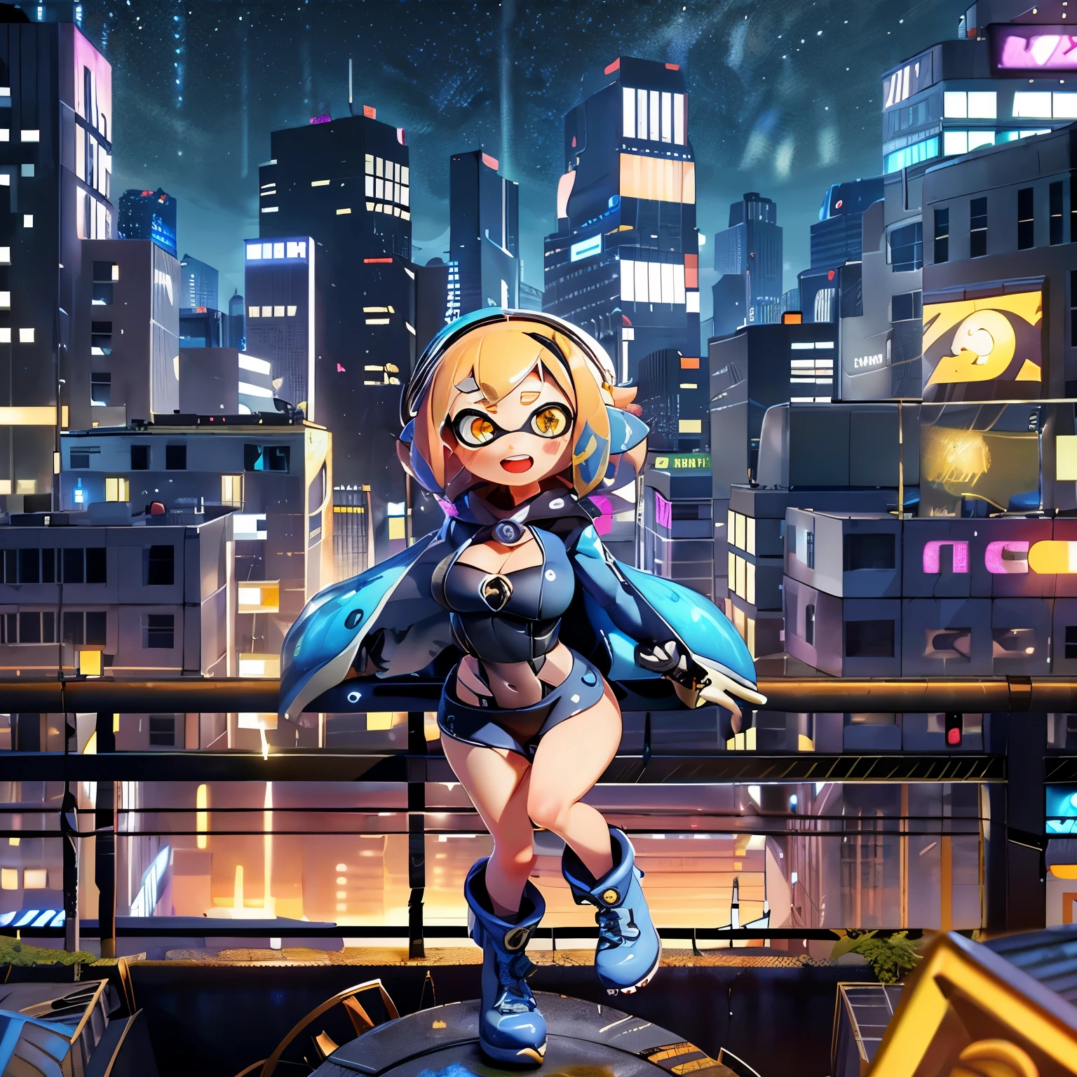 (masterpiece:1.2), Highest quality,Realistic, High resolution、
Cyber World,One Splatoon girl, Letterbox, alone, Golden Eyes、Open Mouth Smile、blush、A slightly thinner face、Golden tentacle hair, Big Breasts、Cleavage、scenery, short hair, Jacket, sf, Holding, Holographic interface, city, blue Jacket, gloves, city lights, look up, cityscape, boots, building, night, From above、Dynamic Pose、jump off、Real Anime、3d、