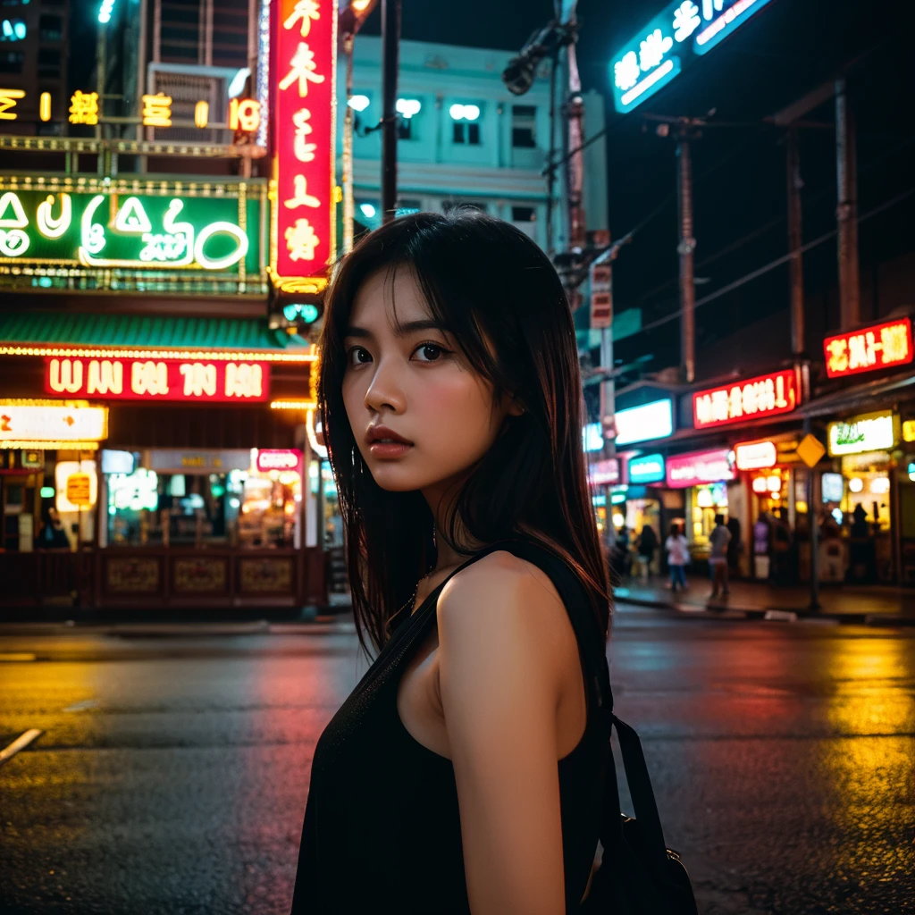 一個美麗的女孩, 詳細的眼睛和嘴唇, 獨自站在泰國唐人街的街道中間, 1個女孩, 高對比度, 鮮豔的色彩, 電影般的 lighting, 逼真的, 8K, 非常詳細, 超現實, 傑作, 數位藝術, 電影般的, 靜音, 戲劇性的燈光, 喜怒無常的氣氛, 詳細環境, 複雜的建築, 鵝卵石街, 霓虹燈, 鬱鬱蔥蔥的綠色植物, 大氣霧霾, 美麗細緻的臉, 優雅的姿勢, 驚險, 電影般的 composition, 完美的細節, 令人驚嘆的寫實主義