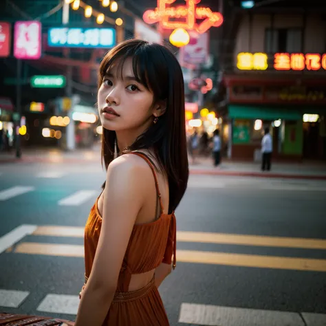 a beautiful girl, detailed eyes and lips, standing alone on the middle of a street in Thailand's Chinatown, 1girl, high contrast...