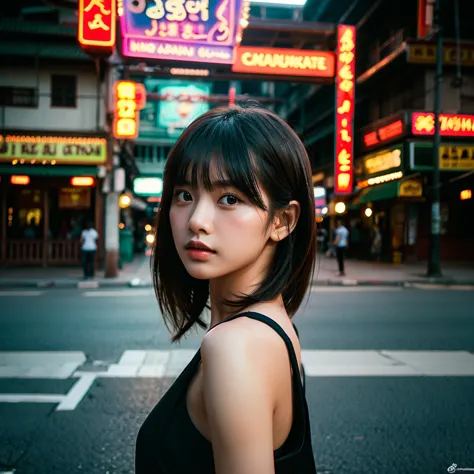 a beautiful girl, detailed eyes and lips, standing alone on the middle of a street in Thailand's Chinatown, 1girl, high contrast...