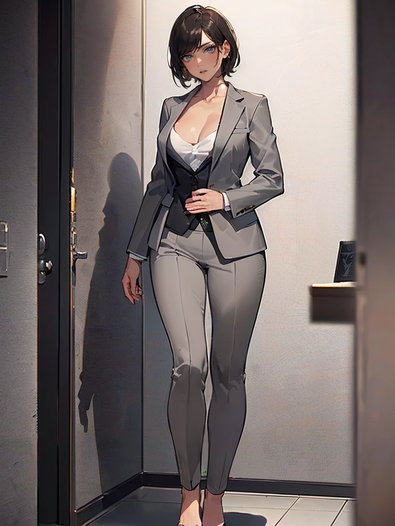 ((１woman:1.9)),((((Naked Tuxedo:1.2, clavicle, suit jacket closed)))), masterpiece，Red Corner, ((Red Corner)), full body, (masterpiece, Highest quality, 8K, 1 person, A perfectly balanced body, Official Art、Highest quality、Unity 8k wallpaper、32k、masterpiece、Ultra-detailed、high resolution、Realistic、Photorealistic:1.2), (Yellow Eyes, Cruciform pupil, Pupil in the shape of a symbol), ((In a grey formal suit１woman:1.9)), contrasted, clavicle:1.2
