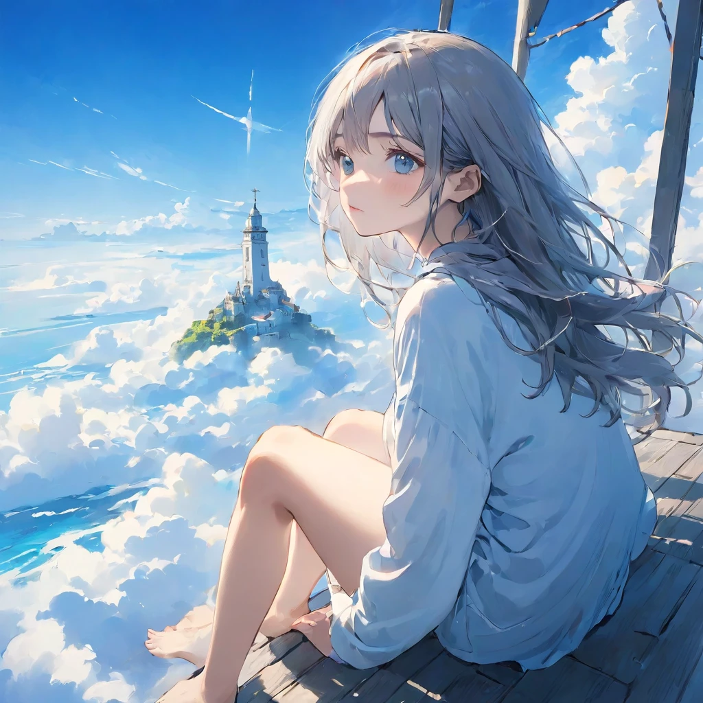 finely detailed illustration, vibrant color,High resolution、８ｋ、pretty girl、One Girl、Perfect and detailed eye drawing、Highest quality、masterpiece、detailed eye and face, A thin tower stretching high into the sky、Cylindrical tower、sea of clouds、blue sky、Sitting cross-legged、Hair blowing in the wind、Gray Hair、Girl staring into the distance、White clothes、barefoot、Full body angle、sea of clouds