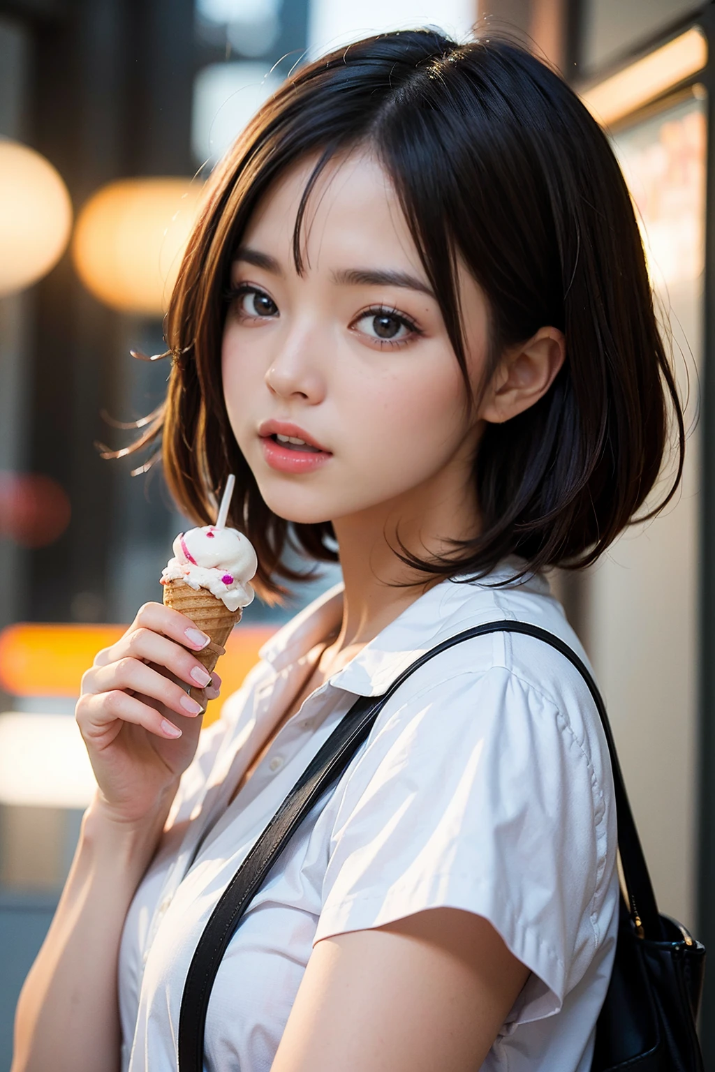 Mujer japonesa kawaii, ((lamiendo helado)), cucurucho de helado, (holding cucurucho de helado: 1.4), boca abierta, (lengua fuera: 1.3), cabello corto, maquillaje natural, derretir helado, mirandome, Pelo castaño, labios suaves, dientes, Fondo de pantalla 8K integrado CG altamente detallado, Alta resolución, fotografía realista, luz cinemática, (mejor calidad: 1.4), alta calidad, (((bokeh))), profundidad de campo.