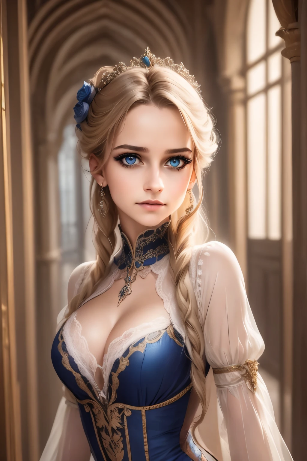 a beautiful 15-year-old girl in a dark fantasy village, realistic, extremely detailed face and eyes, long eyelashes, delicate facial features, intricate hairstyle, ornate dress, dramatic lighting, moody atmosphere, cinematic composition, vibrant colors, photorealistic, 8k, high quality, masterpiece, City of victorian age, Europe. aristocrat girl、Looking up from below、Depiction of blonde hair blue eyes wear long sleeve sheer fabric dress、Various sexy poses、Face smile、Depicts the whole body、