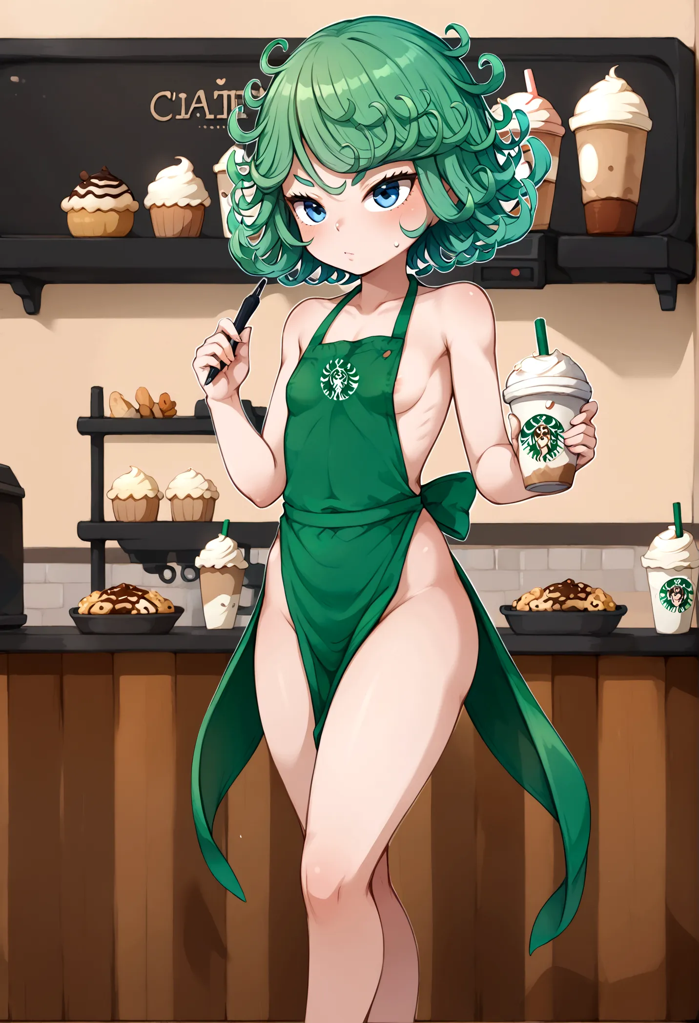 score_9,tatsumaki,starbucks,apron,nude,