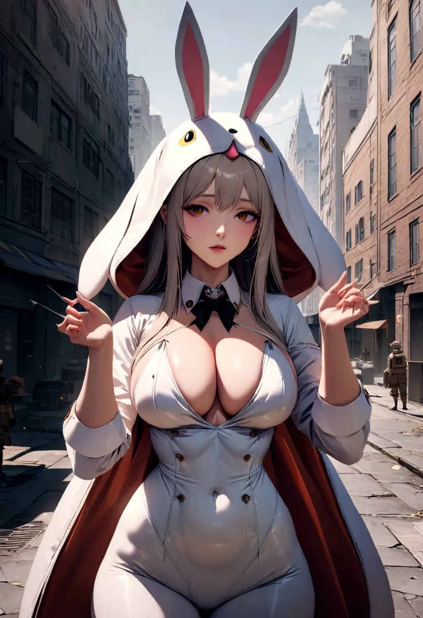 GODDESS OF VICTORY: NIKKE, Mary, Bunny costume, needle in hand, City, High res, ultra sharp, 8k, masterpiece, looking at male co...