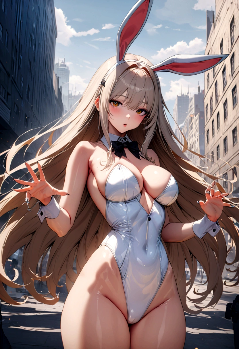 GODDESS OF VICTORY: NIKKE, Mary, Bunny costume, needle in hand, City, High res, ultra sharp, 8k, masterpiece, looking at male commander