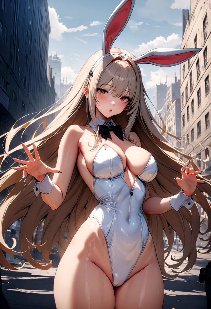 GODDESS OF VICTORY: NIKKE, Mary, Bunny costume, needle in hand, City, High res, ultra sharp, 8k, masterpiece, looking at male co...