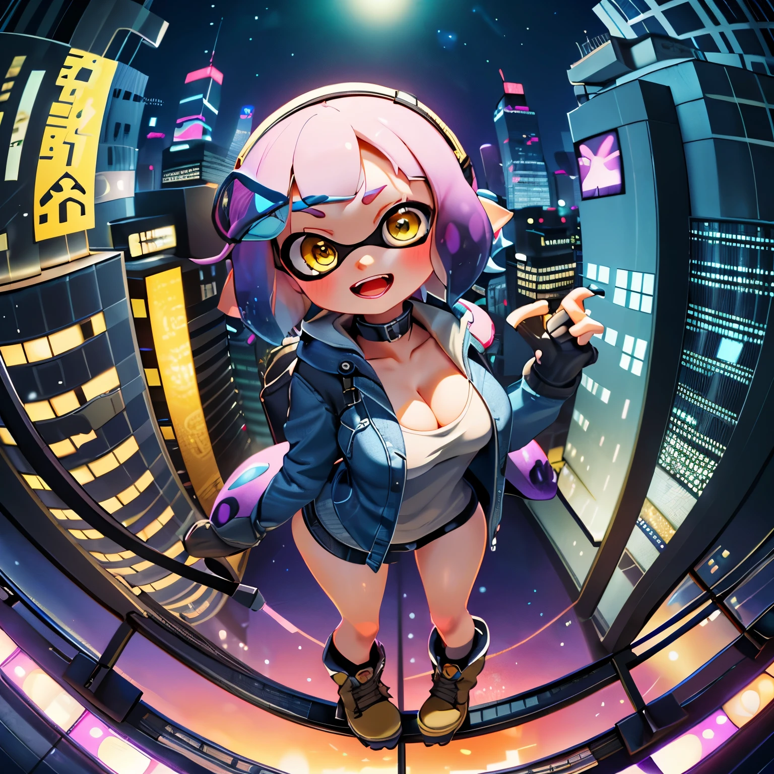 (masterpiece:1.2), Highest quality,Realistic, High resolution、
Cyber World,One Splatoon girl, Letterbox, alone, Golden Eyes、Open Mouth Smile、blush、A slightly thinner face、Golden tentacle hair, Big Breasts、Cleavage、scenery, short hair, Jacket, sf, Holding, Holographic interface, Observation deck of a skyscraper、Outdoor、Miniature city、city, blue Jacket, Fingerless gloves, city lights, Girl looking up, cityscape, boots, building, night, Angle from above、Dynamic Pose、Fisheye Lens、Real Anime、3d、