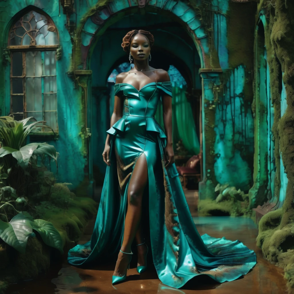 pms style, patina metal skin android Black woman Wearing a sculptural off-the-shoulder dress in a rich jewel tone, with a statement-making train Fairy tale setting, enchanted landscape, magical beings, dreamy atmosphere, otherworldly charm  