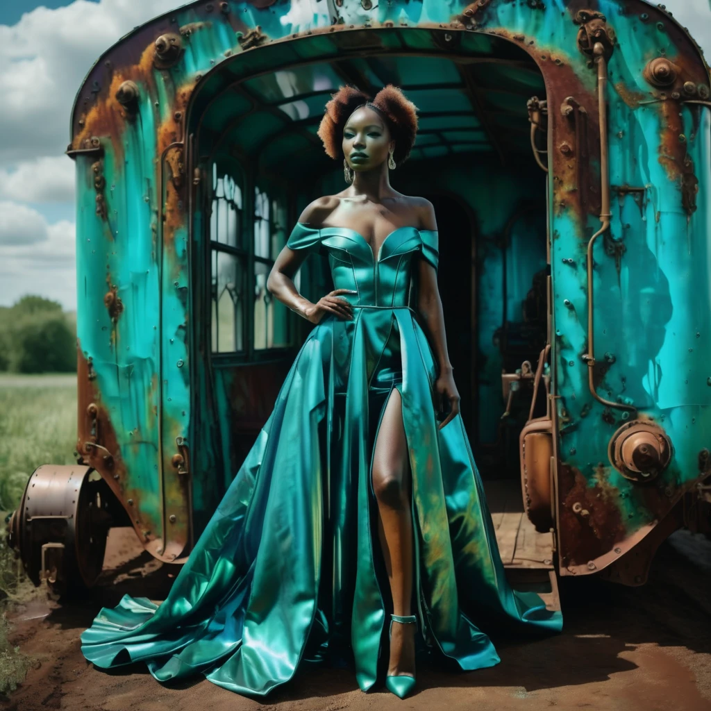 pms style, patina metal skin android Black woman Wearing a sculptural off-the-shoulder dress in a rich jewel tone, with a statement-making train Fairy tale setting, enchanted landscape, magical beings, dreamy atmosphere, otherworldly charm  