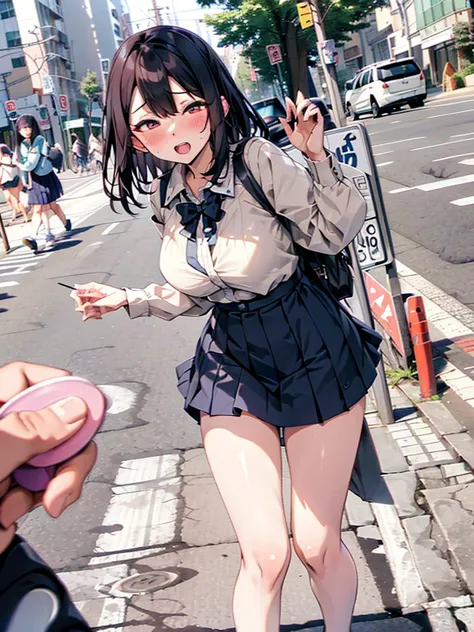 (pussy juice:1.5,ahegao, blush),Are standing, Navy pleated skirt, On the way to school, blush
