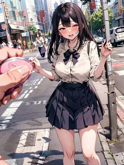 (pussy juice:1.5,ahegao, blush),Are standing, Navy pleated skirt, On the way to school, blush
