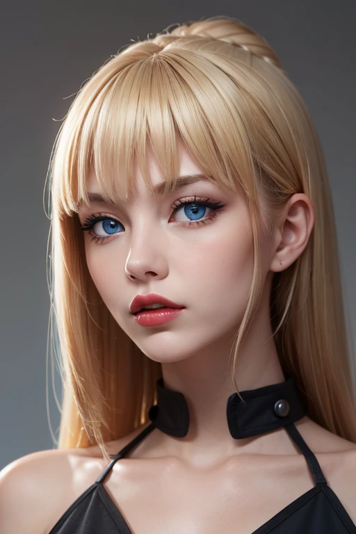 Masterpiece, Best Quality,  gothic girl, clavicle, looking at the viewer stunning blue eyes, white skin eyeliner, perfect detailed 12k, hair with bangs , Beautiful face, perfect mouth,  lipstick negro,  voluminous and sensual lips, big and heavy bust 