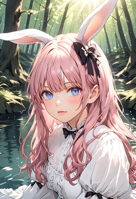 (high quality) (best quality) (a woman) (correct physiognomy) Woman, pink hair with bangs on her forehead, Bunny ears on her hea...