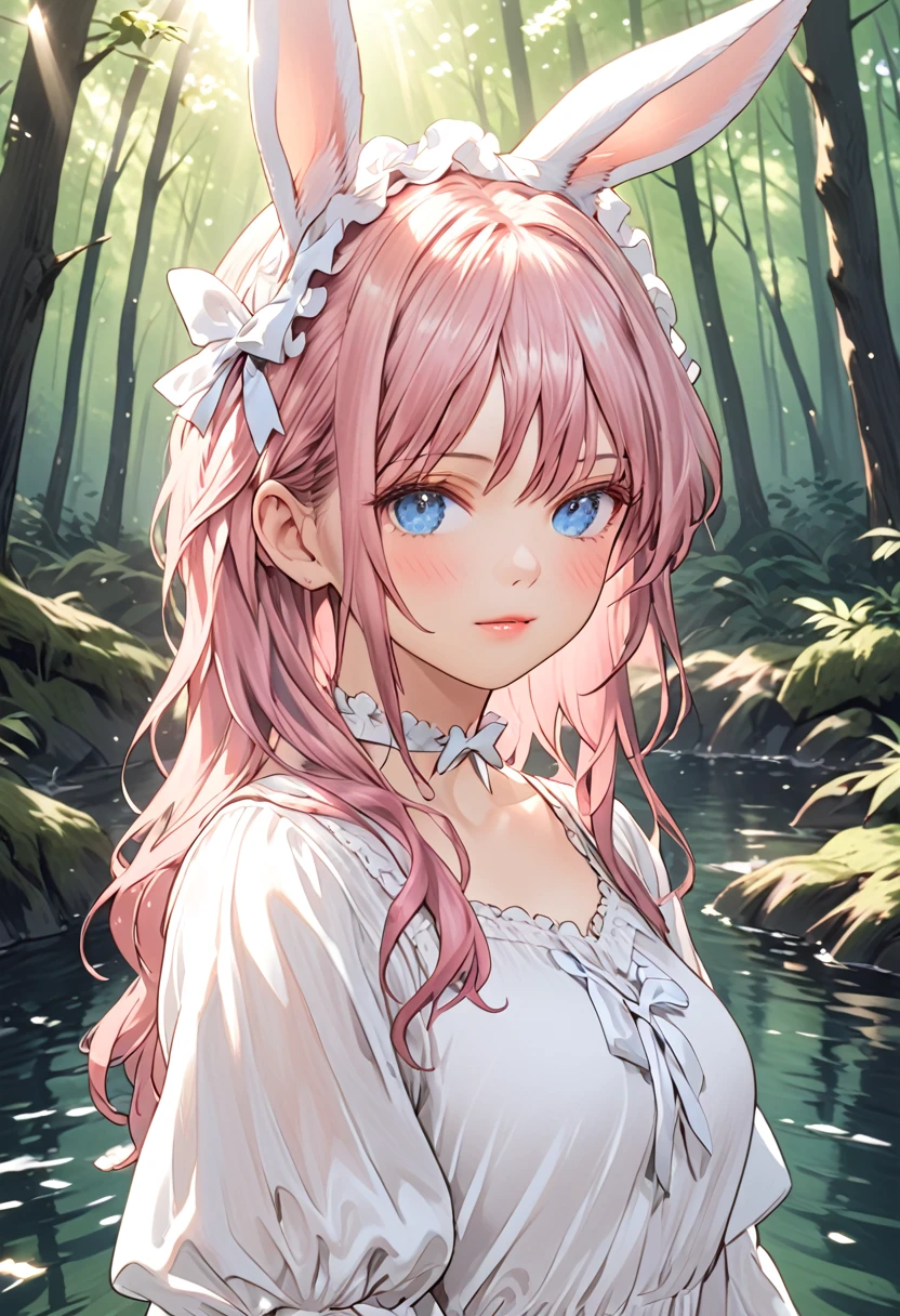 (high quality) (best quality) (a woman) (correct physiognomy) Woman, pink hair with bangs on her forehead, Bunny ears on her head, blue eyes, tender lips, middle age, a cute white dress style lolita, lighting of the photo: sunlight, It is in the middle of a lake un the forest