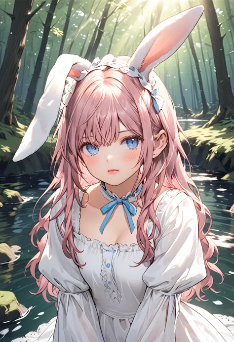 (high quality) (best quality) (a woman) (correct physiognomy) Woman, pink hair with bangs on her forehead, Bunny ears on her hea...