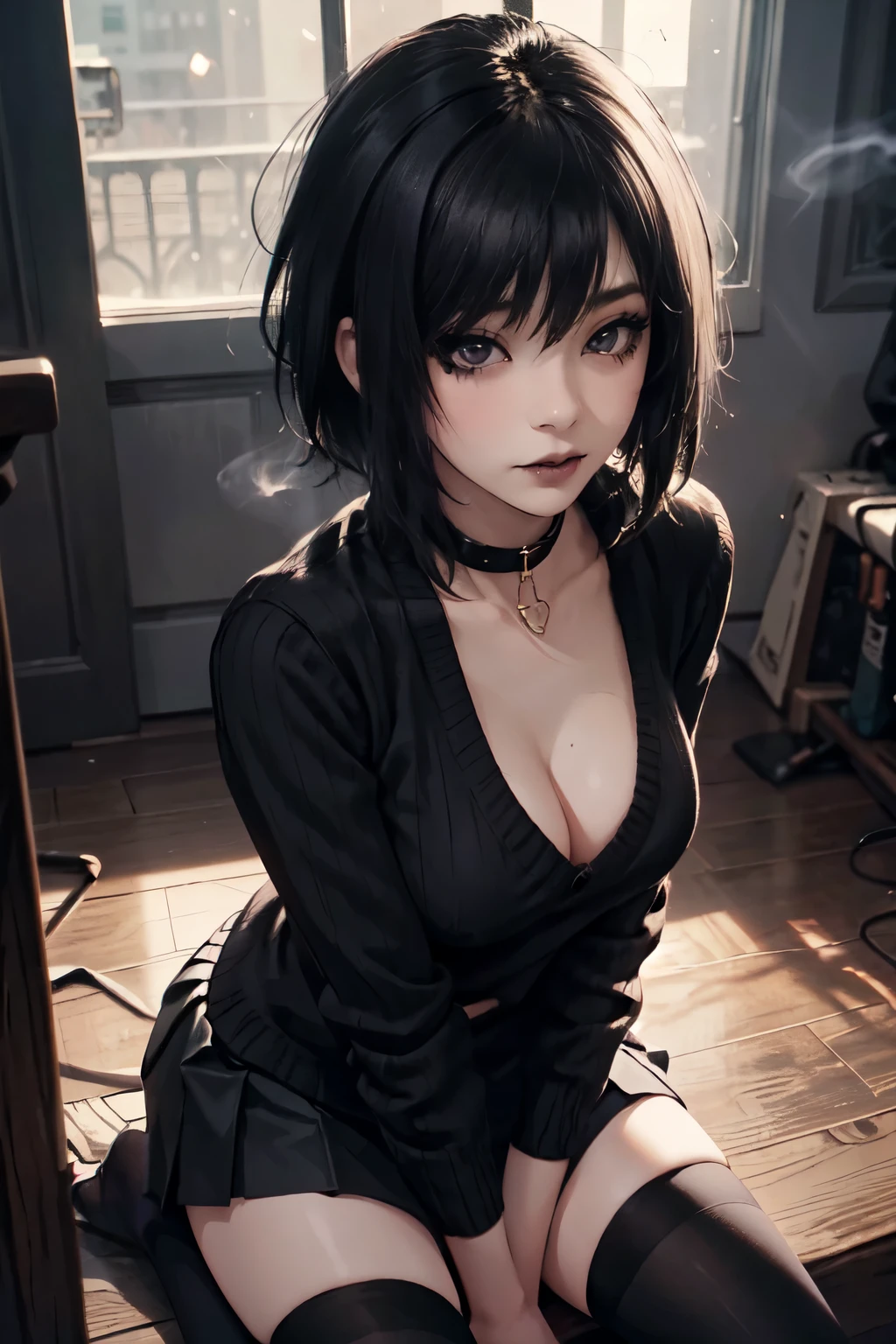 Girl, woman, emo_hairstyle, black lipstick, dog collar, eyeliner, eye shadow, smoky eyes, realistic lighting, short hair, cleavage, sweater shirt, short skirt, thighhighs.